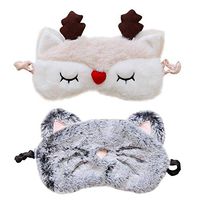 2 PACK Kids Sleep Mask - Soft and Comfortable Animal Plush Blindfold Eye Cover Eyeshade for Kids Girls Women, for Travel, Washable (cat&deer)
