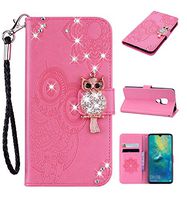 Strap Diamond Wallet Case for Huawei Mate 20,Aoucase Luxury 3D Owl Bling Gems Magnetic Cute Mandala Print PU Leather Soft TPU Stand Flip Case with Black Dual-use Pen - Pink