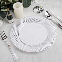 Efavormart 50 Pcs - White with Silver 9" Round Disposable Plastic Plate for Wedding Party Banquet Events - Twirl Collection