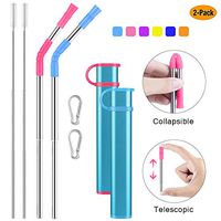 Reusable Collapsible Straw, Portable Stainless Steel Drinking Straw with Case, Keychain and Cleaning Brush for Travel, Party, Outdoor and Home Use (Blue Case, Turquoise and Pink Straws)