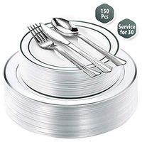 Fancy Disposable Plastic Plates with Cutlery 150 Piece Combo| 30x 10.25" + 30x 7.5" Real China Silver Rim Plates +30 Spoons +30 Forks +30 Knives Silverware for Party Wedding Events| Premium Heavy Duty