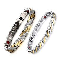 HiTreasure 2 PCS Gold Silver Titanium Steel 4 Elements Negative Ions Germanium Magnetic Therapy Health Couple Bracelets Men Women