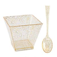 200 Pieces Plastic Dessert Cups with Mini Spoons Gold Glitter, Premium Quality, Includes 100 Pieces Small Disposable Square Cups 2 Oz and 100 Pieces Gold Mini Spoons