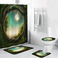 Naiflowers 4 Piece Non-Slip Bathroom Toilet Rug Mats pad & Rug Contour& Shower Curtain with Hooks & Lid Cover, Entryway Kitchen Washable Bath Shower Curtain Carpet,Tree