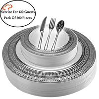 Tiger Chef Plastic Dinnerware 600 Piece Set Service For 120 Guests Includes 120 10.75-inch Dinner Plates 120 7-inch Salad Plates 120 Cutlery Sets Forks, Spoons, And Knives Disposable BPA Free