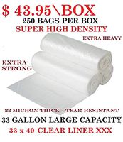 Trash Bags, 33 Gallon - (250 Count\Box) (Clear) Super High Density Rolls (Heavy Duty Can Liners, Garbage Bags) (Wholesale Quantity)