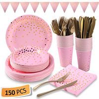Pink and Gold Party Supplies 150Pcs Golden Dot Disposable Party Dinnerware Includes Paper Plates, Napkins, Knives, Forks, 12oz Cups, Banner, for Bachelorette, Girl Birthday, Baby Shower, Serves 25