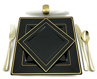 Premium Square Black and Gold Rim Disposable Plastic Plates For Wedding and Party Pack of 20 – 10 (9.5 inch) Dinner Plates and 10 (6.5 inch) Cake and Salad/Dessert plates