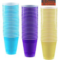 18 oz Party Cups, 96 Count - Aqua, Purple, Light Yellow - 32 Each Color