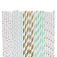 Twinkle Twinkle Little Star Paper Straws (gold foil small star,mint green small polka dot,gold foil stripe,mint green stripe,gold foil star, 100)