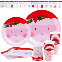 PartyFun Christmas Paper Plates Christmas Party Supplies Disposable Dinnerware Set Christmas Party Decoration Includes Paper Plates, Paper Cups, Napkins, Banner - Serves 24(Style 1)