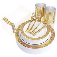 160pcs Gold Plastic Plates, Gold Disposable Silverware with Gold Napkins, Includes: 40 Forks, 20 Spoons, 20 Knives, 20 Dinner Plates, 20 Dessert Plates, 20 Tumblers 10 Oz, 20 Guest Towels