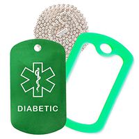 Diabetic Medical Alert ID Necklace with Green Tag, Green Silencer, and 30'' USA Chain - 154 Color Choices
