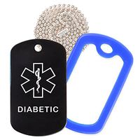 Diabetic Medical Alert ID Necklace with Black Tag, Blue Silencer, and 30'' USA Chain - 154 Color Choices