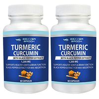 Beaver Brook All Natural Turmeric Curcumin with Black Pepper Extract for Better Absorption 1,200mg Dietary Supplement Joint Pain Relief, Anti-Inflammatory, Antioxidant Supplement Non-GMO - 2-Pack