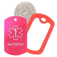 Autistic Medical Alert ID Necklace with Pink Hot Tag, Red Silencer, and 30'' USA Chain - 154 Color Choices