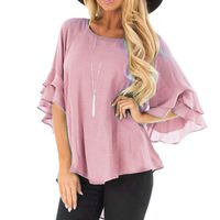 IEasⓄn Women Top, Women's O Neck Solid Color Trumpet Sleeves Half Sleeve T-Shirt Blouse Pink