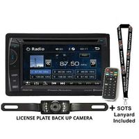 Power Acoustik PH-620 6.2" Double Din in Dash DVD Receiver with License Plate Style Backup Camera and Sots Lanyard Bundle
