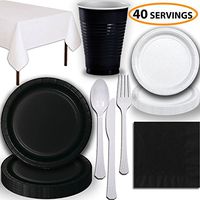 Disposable Party Supplies, Serves 40 - Black and White - Large and Small Paper Plates, 12 oz Plastic Cups, Heavyweight Cutlery, Napkins, and Tablecloths. Full Two-Tone Tableware Set