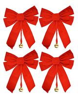 Set of 4 Large Red Velvet Christmas Bows with Dangling Metal Bell - Measures - 10" x 15" Indoor Use only