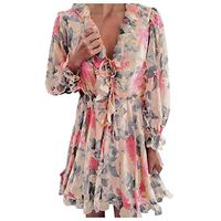 Kiminana Prom Dresses,Women's Winter Fashion Temperament Print V-Neck Ruffled Chiffon Dress Cocktail Skater Dress Pink