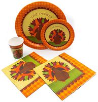 Holiday Thanksgiving Turkey Tableware Pack! Disposable Paper Plates, Napkins and Cups Set for 15 (With free extras)
