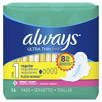 Always Ultra Thin, Size 1, Regular Pads With Wings, Scented, 16 Count, Packaging May Vary