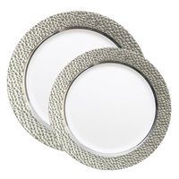 Posh Party Supplies | Upscale White with Silver Hammered Rim Plastic Plate Combo for 20 Settings | 20 10.25" Dinner Plates| 20 7.25" Salad Plates | 40 Piece Set