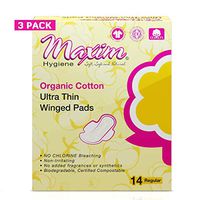 Maxim Ultrathin Winged Cotton Organic Maxi Pads, Daytime/Reg, 42 ct, Wrapped, No Chlorine/Dioxin/Chemical/SAP, FDA/ICEA Approved, Biodegradable Breathable Hypoallergenic, Cotton Pads, 3 Packs of 14