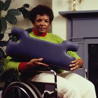 Desk Arm Lap Pillow with cutouts on the ends. 3" thick, fits desk arm, fits 16" or 18" wheelchair; color: mauve