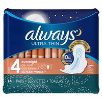 ALWAYS Ultra Thin Size 4 Overnight Pads With Wings Unscented, 14 Count