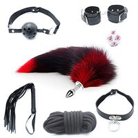 7 pcs Faux Advanced Texture Black and red Stitching Fur Wolf Fox Tail Halloween Christmas Cosplay Party Costume Toys Gift+Matching Props