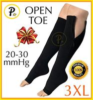 Presadee Premium Open Toe Big Tall Super Size 20-30 mmHg Zipper Compression Swelling Leg Circulation Socks (Black, 3XL)
