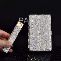 TISHAA Bling Crystal Rhinestone Pocket Portable Cigarette Case Holder and Lighter Set (White)