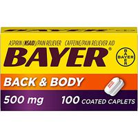 Bayer Back & Body Aspirin 500mg Coated Tablets, Pain Reliever with 32.5mg Caffeine, 100 Count
