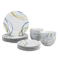 AmazonBasics 18-Piece Kitchen Dinnerware Set, Plates, Dishes, Bowls, Service for 6, Cool Ribbons