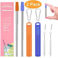 2 Pack Reusable Portable Metal Straws, Fomuson Telescopic Foldable Stainless-Steel Drinking Straw with Case and Cleaning Brush Carabiner for Coffee Juice Smoothie Milkshake BPA Free (Orange, Blue)