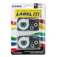 Casio : Tape Cassettes for KL Label Makers, 12mm x 26ft, Black on White, 2 per Pack -:- Sold as 2 Packs of - 2 - / - Total of 4 Each