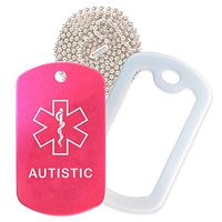 Autistic Medical Alert ID Necklace with Pink Hot Tag, White Silencer, and 30'' USA Chain - 154 Color Choices