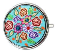 Small Round Silver Blue with Colorful Flowers Pill Box with Mirror - Silver Elegant Pill Box