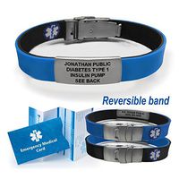 Sport/Slim Reversible Waterproof Medical Alert Bracelet. Incl. 9 Lines Engraving. - Black/Blue