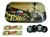 Rolling Tray Bundle with Black Grinder | Set Includes - Texas Metal Tray, 2 Packs Raw King Size Slim Rolling Papers & 4-Piece Zinc Grinder
