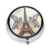 Eiffel Tower Birds Custom Fashion Round Pill Box Compact 3 Space Tablet Holder Pocket Purse Organizer Case Decoration Box