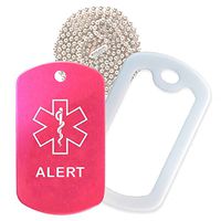 Alert Medical Alert ID Necklace with Pink Hot Tag, White Silencer, and 30'' USA Chain - 154 Color Choices