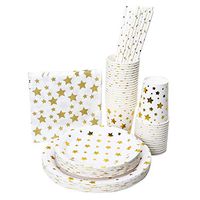 Full Fancy Disposable and Biodegradable Party Set,Paper Plates Two Sizes, Paper Cups, Paper Napkins and Paper Straws - White Color with Gold Stars [for Parties, Dinner or Decorations] - Wise Buy (36)