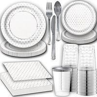 Shiny Silver Disposable Dinnerware for 24. Dinner and Dessert Paper Plates and Napkins with Reflective Silver Design, Clear Tumbler Cups with Silver Rim, and Silver Cutlery. Fancy Party Supplies