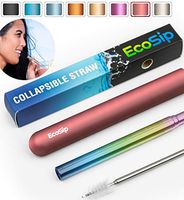 EcoSip Collapsible Telescopic Drinking Straw | Metal Stainless Steel Reusable | Portable Final Eco Folding Straws Travel | Cleaning Brush Key Ring Hard Case | Silicone Tip | 8 Colors (Pink Rainbow)