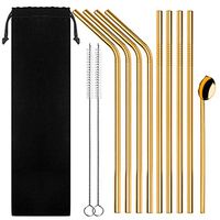 Stainless Steel Straws Metal Straws10 Pcs 10.5"/8 Pcs 8.5" Reusable Drinking Straws Rainbow Multi Colored Eco Straws Tumblers with 2 Cleaning Brush,1 Metal spoon and 1 Velvet bag (Gold)