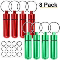8 Pcs Waterproof Pill Case Keychain Pill Holder Aluminum Portable Pill Box Organizers Single Chamber Small Pocket Size Medicine Containers for Outdoor Travel Camping（Red & Green)