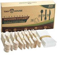Tiny House Disposable Wooden Cutlery Set with Napkins | Biodegradable, Compostable and 100% Earth Friendly | 300 Count (75 forks, 75 spoons, 75 knives + 75 napkins!)